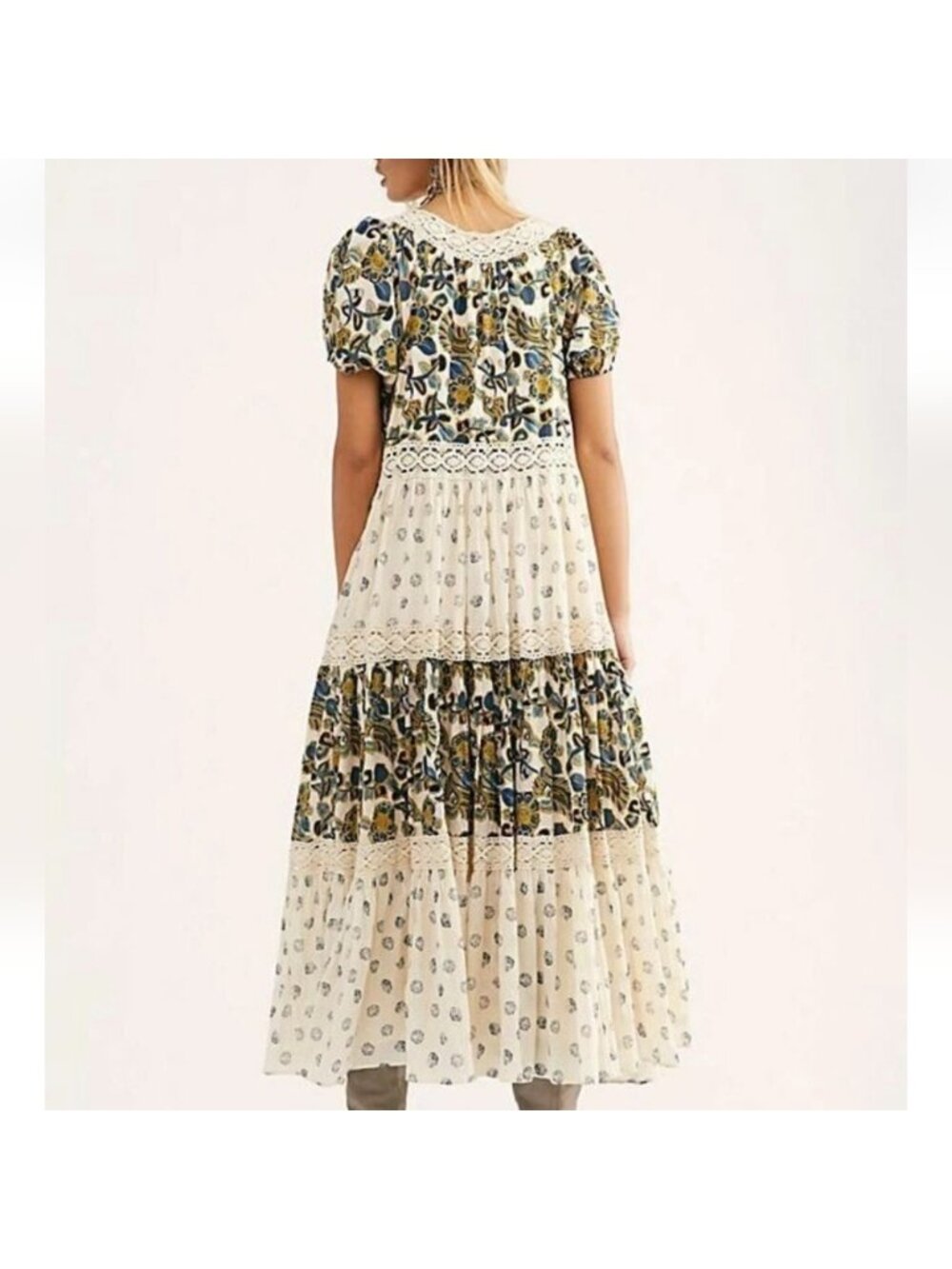 Free People Ivory Tiered Beautiful Boho Sun Chaser Midi Maxi Dress Size M Cotton - Picture 3 of 15